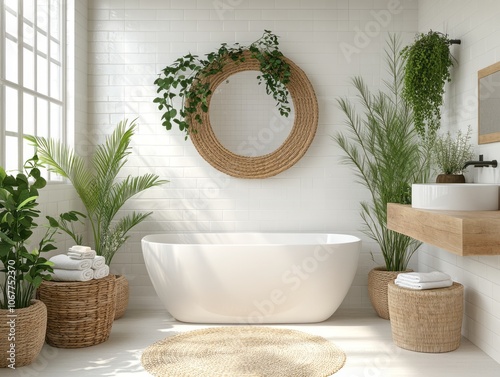 White Bathroom with Freestanding Tub, Woven Accents, and Lush Greenery