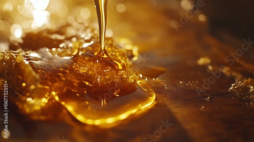 Golden honey pouring on honeycomb on wooden table