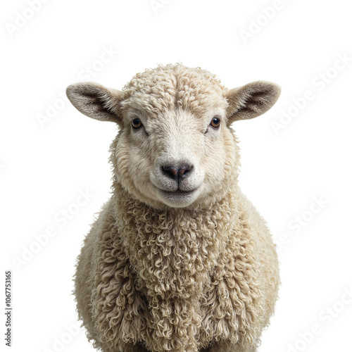 Fluffy sheep with innocent eyes on white background