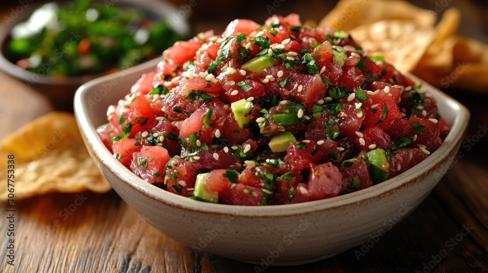 Bowl of tuna tartare with avocado, sesame seeds, and cilantro, served with tortilla chips. Bowl of tuna tartare with avocado, sesame seeds, and cilantro, served with tortilla chips.