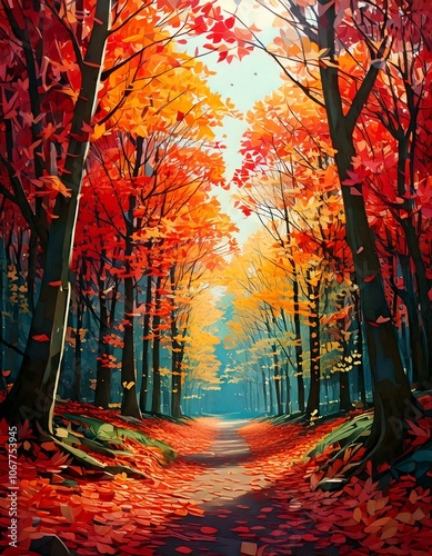 A forest during autumn with the changing colors of leaves falling from the trees.