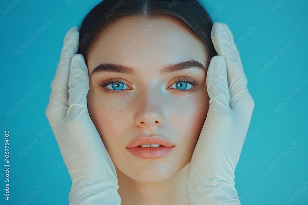 Close up of young woman s face being examined by doctor in latex gloves against blue background Close up of young woman s face being examined by doctor in latex gloves against blue background