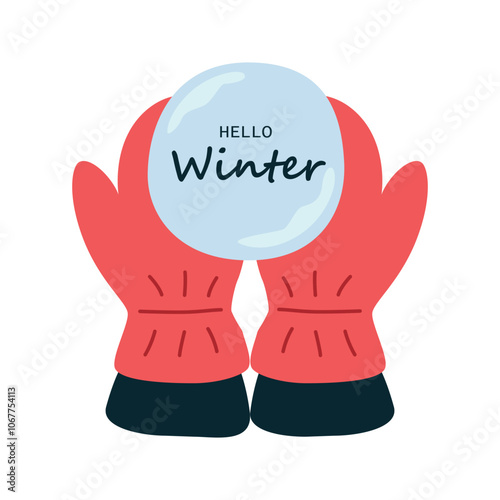 Hands in red mittens holds snowball. Hello Winter. Vector, white background