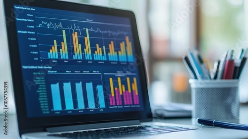 Detailed Blood Analysis Report on Laptop Displaying Graphs of Cholesterol Levels and White Blood Cell Count in a Professional Workspace Setting