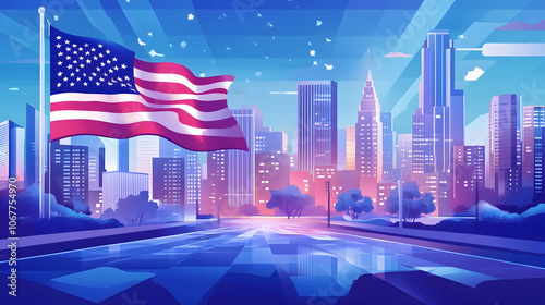 Illustration for the 2024 US Election campaign with USA flag and city background - photo