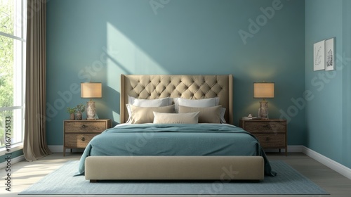 Modern Bedroom Interior with a Plush Bed and a Teal Wall