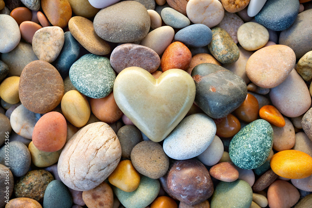 A heart-shaped stone rests among a variety of colorful pebbles, creating a beautiful, natural contrast. A heart-shaped stone rests among a variety of colorful pebbles, creating a beautiful, natural contrast.