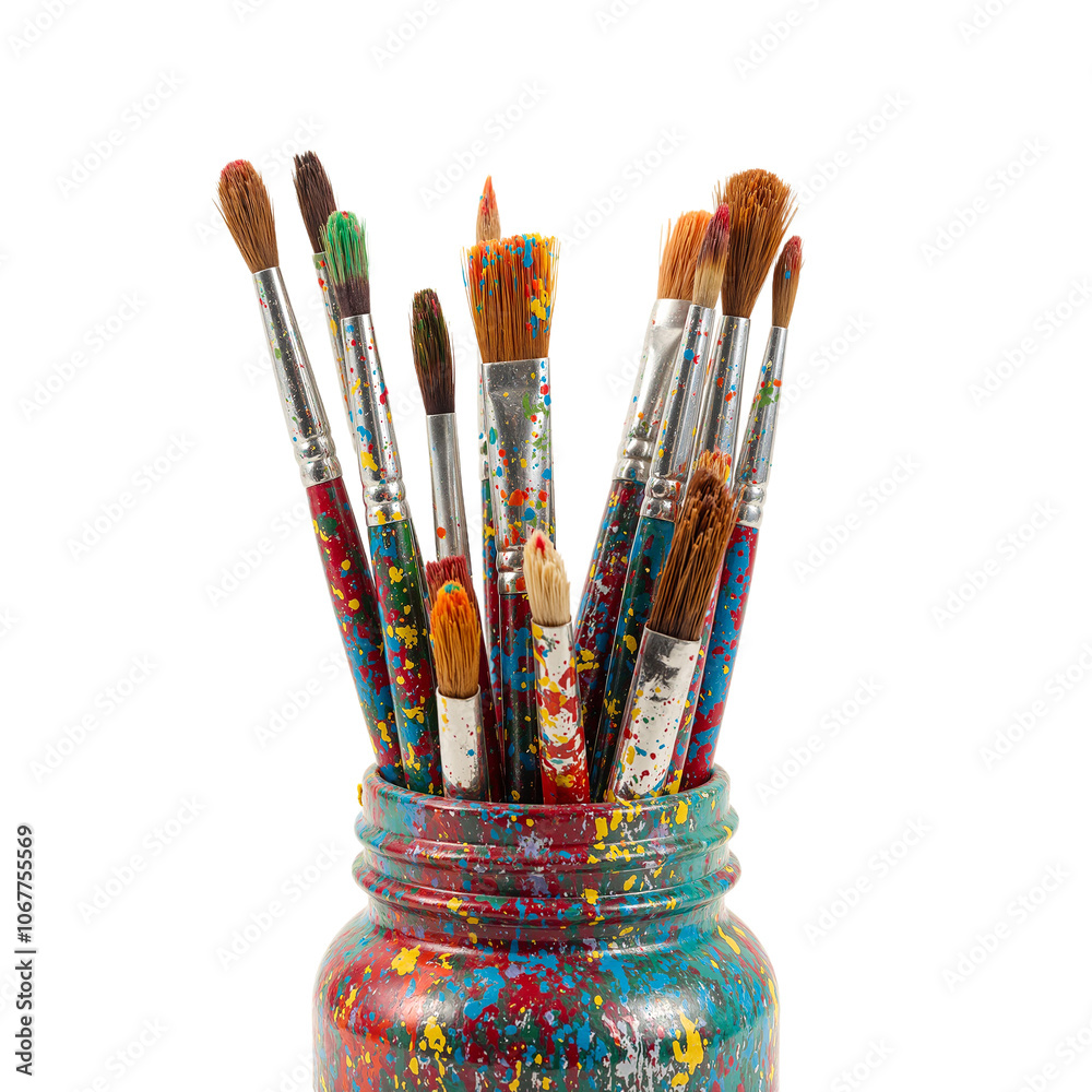 Vibrant acrylic paintbrushes with colorful paint splattered handles on white background Vibrant acrylic paintbrushes with colorful paint splattered handles on white background