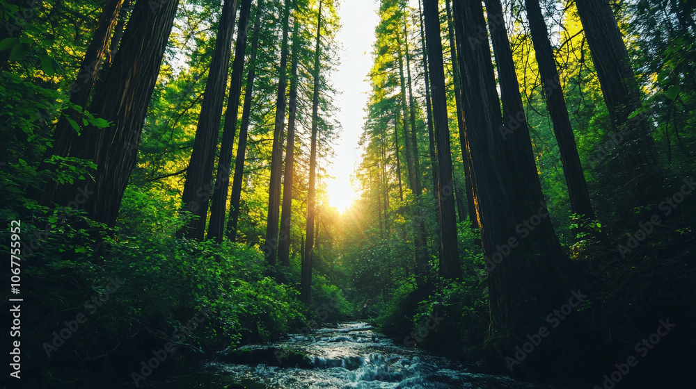 Obraz premium river flowing through lush forest of towering redwoods, illuminated by sunlight filtering through trees, creates serene and tranquil atmosphere
