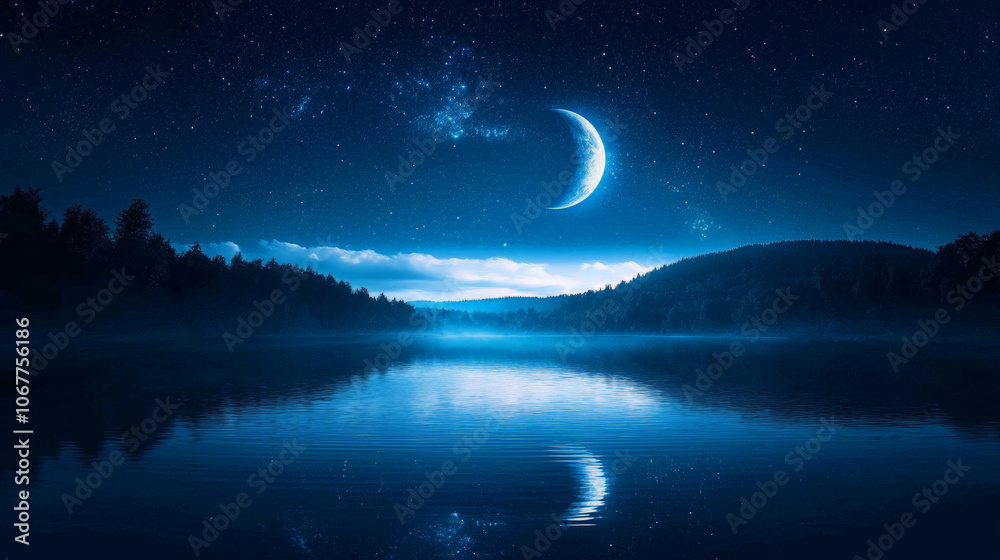 Naklejka premium serene river reflecting stars and crescent moon in tranquil night sky, surrounded by dark forests and distant hills, creating peaceful atmosphere