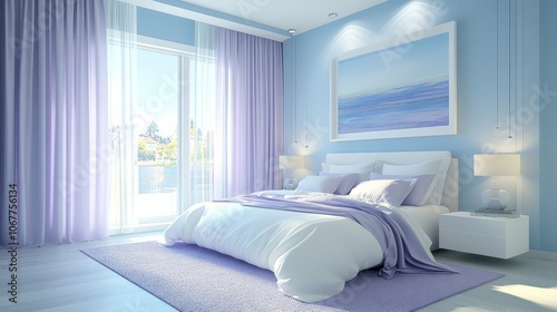 A White Bed with Lavender Bedding in a Modern Bedroom with a Window View