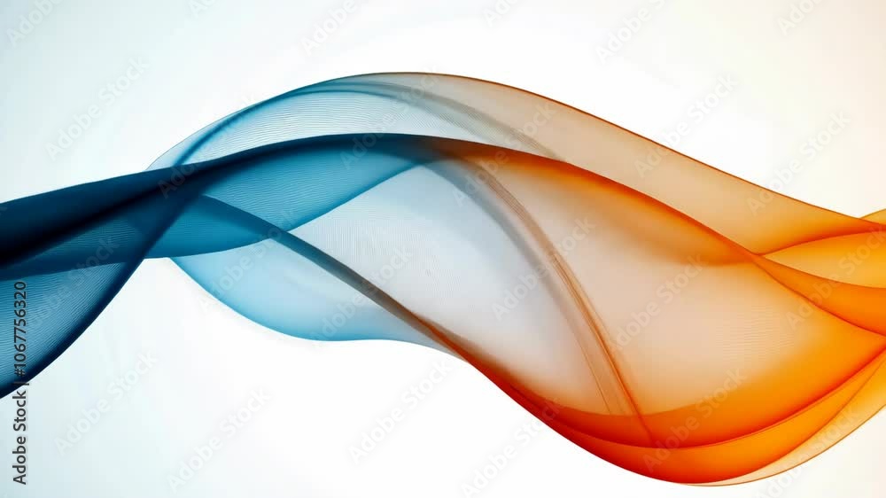 A blue and orange abstract wave flows across a white background