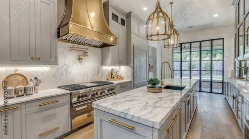 Contemporary Kitchen with Marble Countertops and Gold Accents