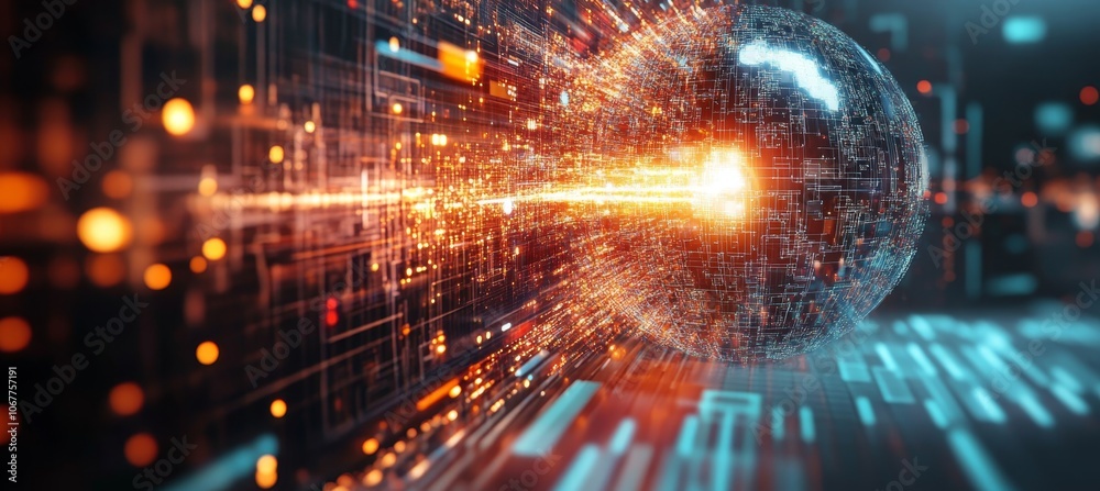 Obraz premium Digital Sphere With Complex Network on Abstract Technological Background, AI And Innovation Concept