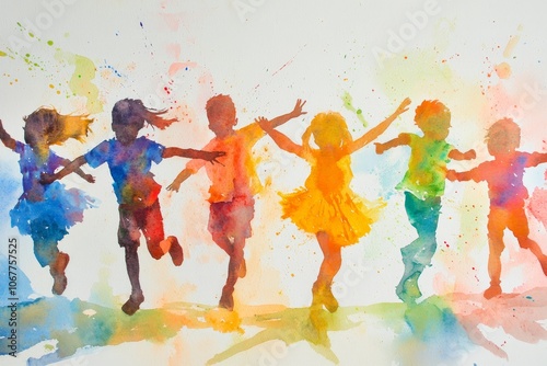 Whimsical watercolor illustration of children joyfully dancing with expressive movements