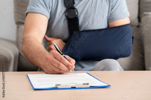 Front view of a handicapped man with sling signing contract at home
