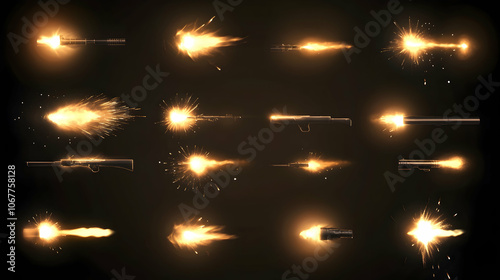 A collection of 23 distinct muzzle flashes presented against black backgrounds, designed for use in action game effects - jpg