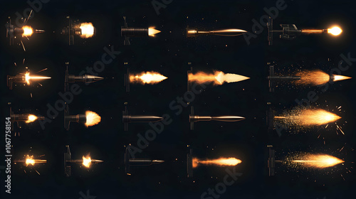 Set of 23 different muzzle flashes with black backgrounds for action game effects -