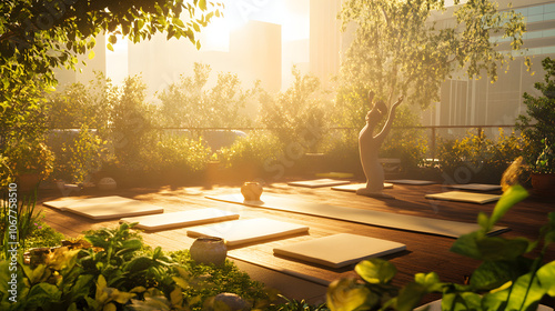 Early Morning Urban Rooftop Yoga Session Surrounded by Lush Greenery and Energized Participants in a Tranquil Atmosphere