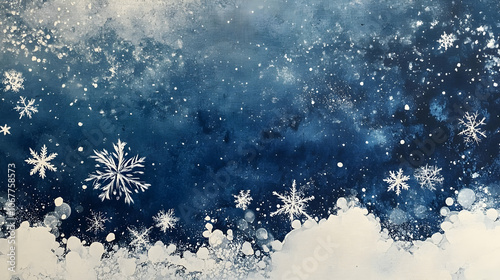Snowdrifts, falling snow, and snowflakes in blue and white -
