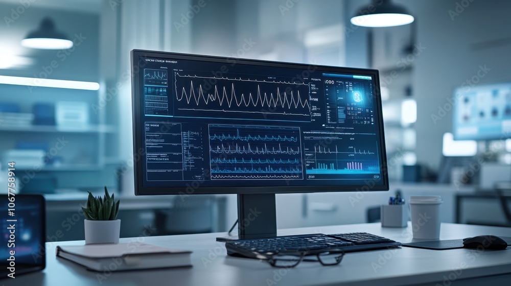 High-resolution medical workstation with large monitor displaying patient ECG report with highlighted abnormal values, featuring laptop and medical textbooks in clinical office High-resolution medical workstation with large monitor displaying patient ECG report with highlighted abnormal values, featuring laptop and medical textbooks in clinical office