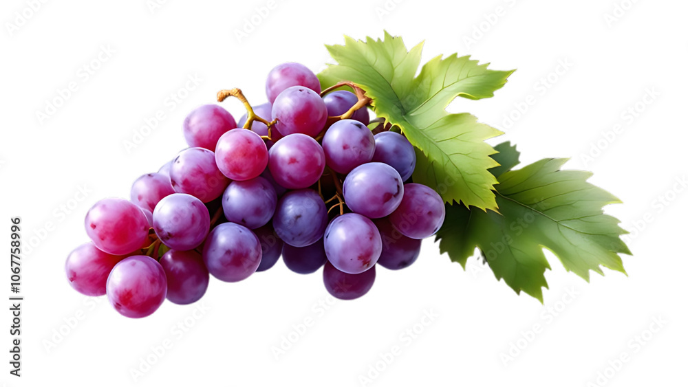 Fototapeta premium A bunch of purple grapes with green leaves on a transparent background