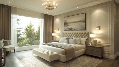 Luxurious bedroom with a king-size bed and a view of nature
