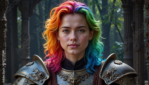 Vibrant Warrior with Rainbow Hair and Ornate Armor in a Forest Setting photo