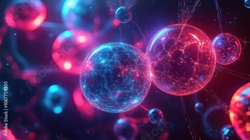 Futuristic abstract spheres in vivid red and blue hues with intricate network patterns, symbolizing connectivity.