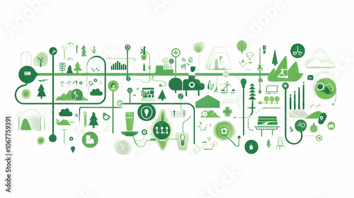 Visualization of net-zero pathways with interconnected green icons, sustainable strategies -