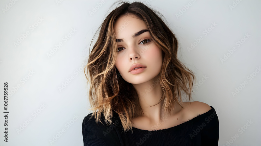 Woman with balayage highlights hair on a white background - Woman with balayage highlights hair on a white background -