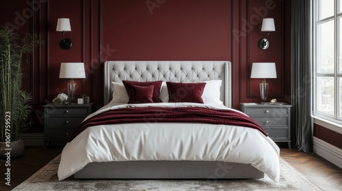 Wallpaper Mural Luxurious Bedroom Interior with Burgundy Accents and White Bedding Torontodigital.ca