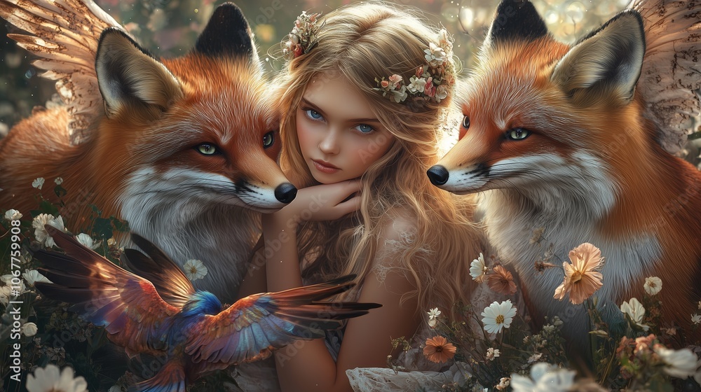 Obraz premium A young woman surrounded by two majestic foxes and a colorful bird in a vibrant floral setting during the golden hour