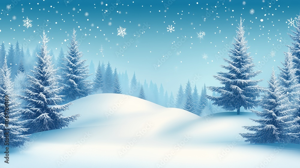 Fototapeta premium A serene winter landscape with snow-covered hills and evergreen trees under a blue sky filled with falling snowflakes