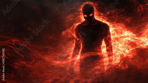 A fiery humanoid figure stands amidst a swirling inferno, radiating heat and power.