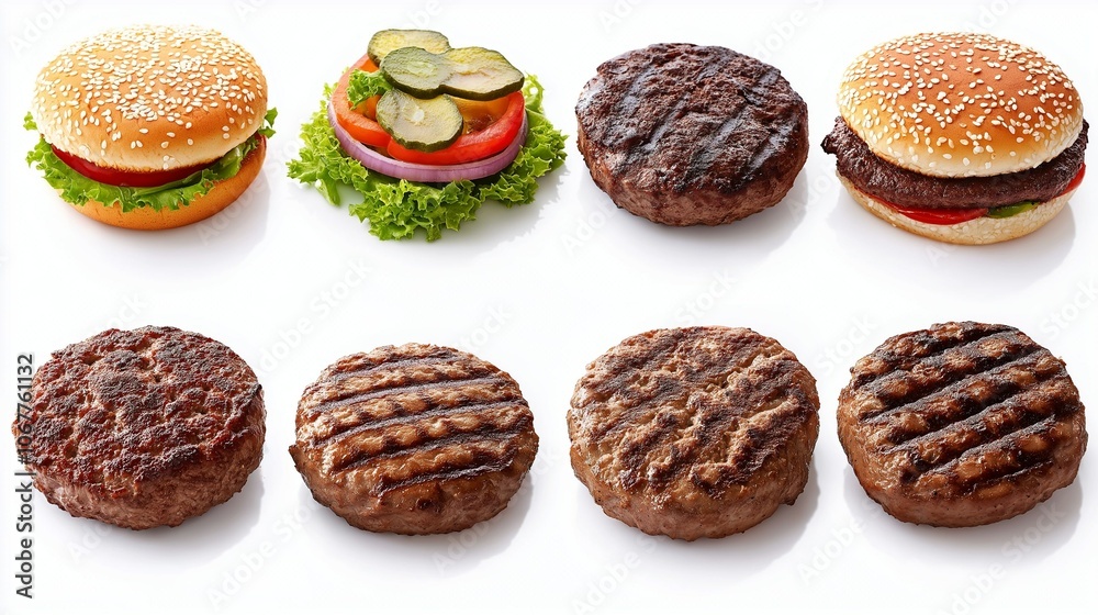 collection of grilled hamburger meat isolated on white background collection of grilled hamburger meat isolated on white background