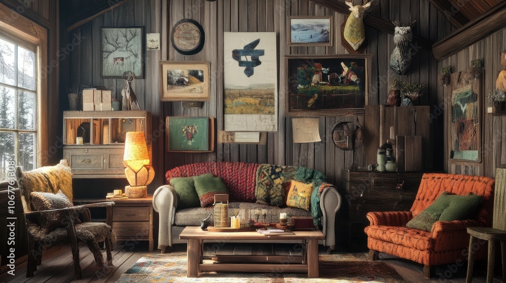 Cozy rustic living room with a wood-burning fireplace, a large window, and a comfy couch. Cozy rustic living room with a wood-burning fireplace, a large window, and a comfy couch.