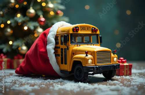 children's toy yellow school bus coming out of Santa's sack, Christmas tree with gifts in the background