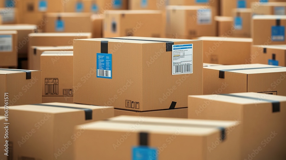 A large number of cardboard boxes arranged neatly, showcasing shipping labels, in a warehouse or distribution center. A large number of cardboard boxes arranged neatly, showcasing shipping labels, in a warehouse or distribution center.