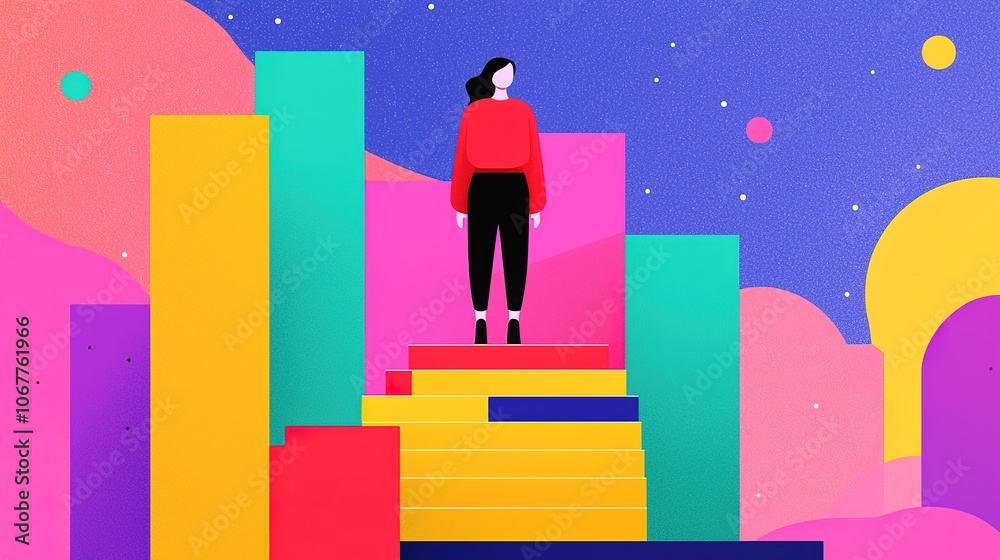 A person stands on colorful steps against a vibrant, abstract background, symbolizing growth, ambition, and creativity. A person stands on colorful steps against a vibrant, abstract background, symbolizing growth, ambition, and creativity.