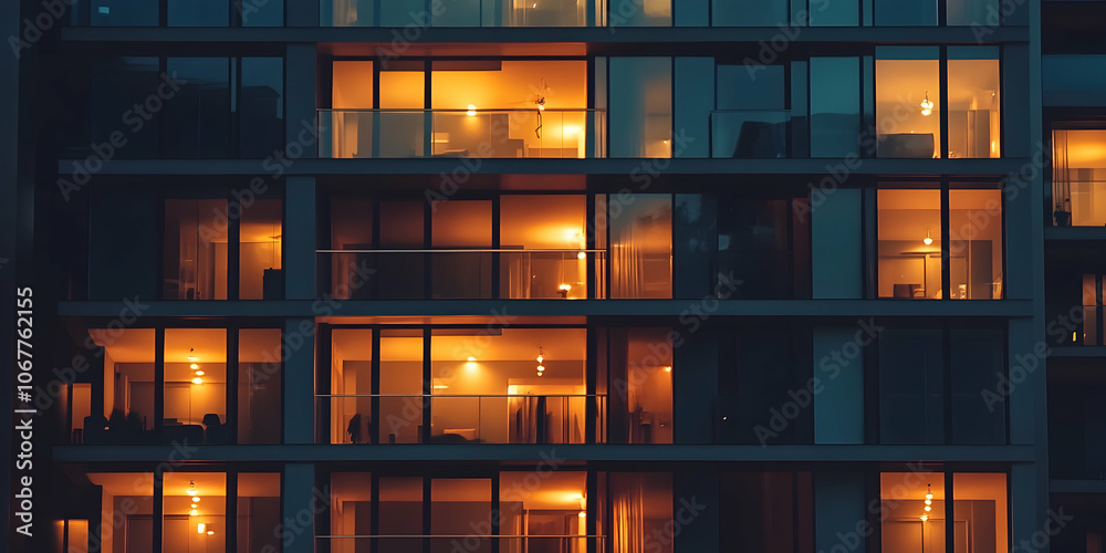 Modern apartment building at dusk with warm lighting, urban design Modern apartment building at dusk with warm lighting, urban design