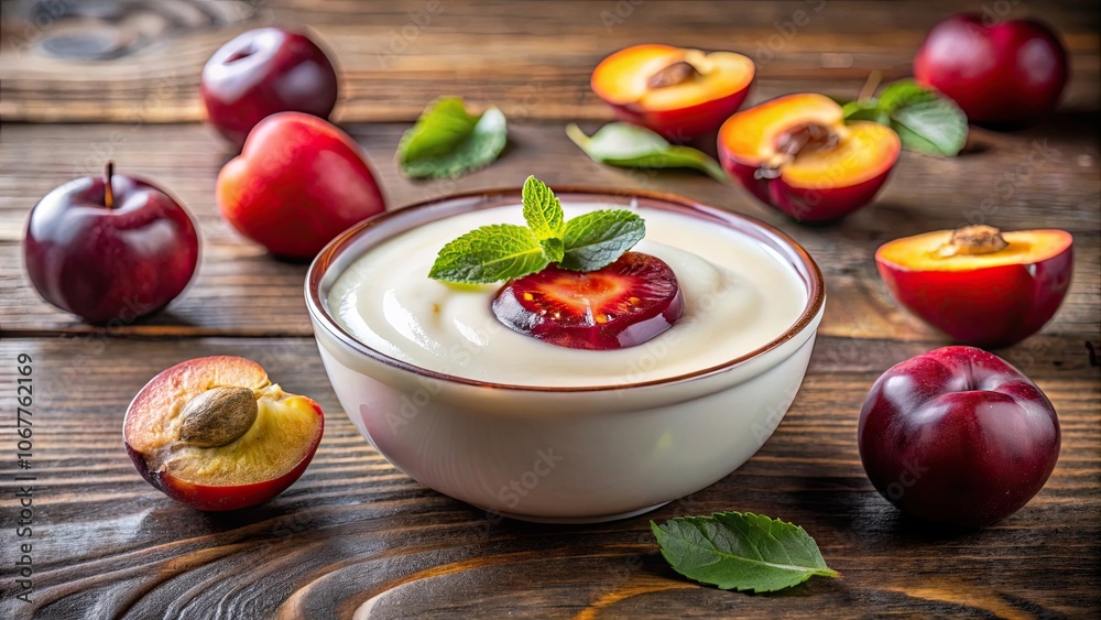 Creamy yogurt made from fresh milk blended with sweet and tangy red ripe plum, yogurt, dairy, fruit, healthy, breakfast, snack, creamy Creamy yogurt made from fresh milk blended with sweet and tangy red ripe plum, yogurt, dairy, fruit, healthy, breakfast, snack, creamy