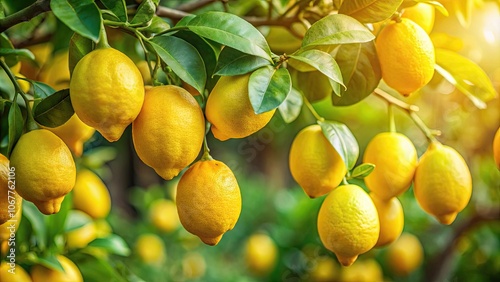 Fresh lemons hanging on a tree with green leaves, vibrant organic fruit concept , lemons, tree, green leaves, vibrant