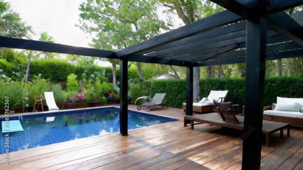 Evening glow on a poolside teak deck with a black pergola, cozy seating set against a tranquil garden. Evening glow on a poolside teak deck with a black pergola, cozy seating set against a tranquil garden.