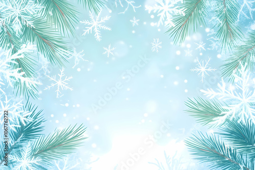 Holiday image background - A winter-themed background with snowflakes and evergreen branches.