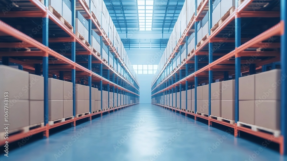 Fototapeta premium A spacious warehouse interior with neatly organized shelves filled with cardboard boxes, illuminated by bright overhead lights.