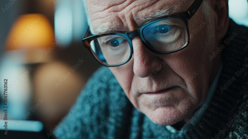 Contemplative Gentleman, Grizzled, Sitting, Older Man, Grey Hair, Glasses, Sweater, Microstock Image Contemplative Gentleman, Grizzled, Sitting, Older Man, Grey Hair, Glasses, Sweater, Microstock Image