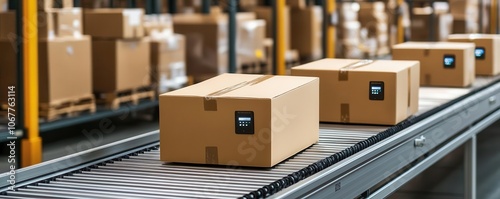 A seamless conveyor system moving packages through a warehouse, with tracking sensors on each item