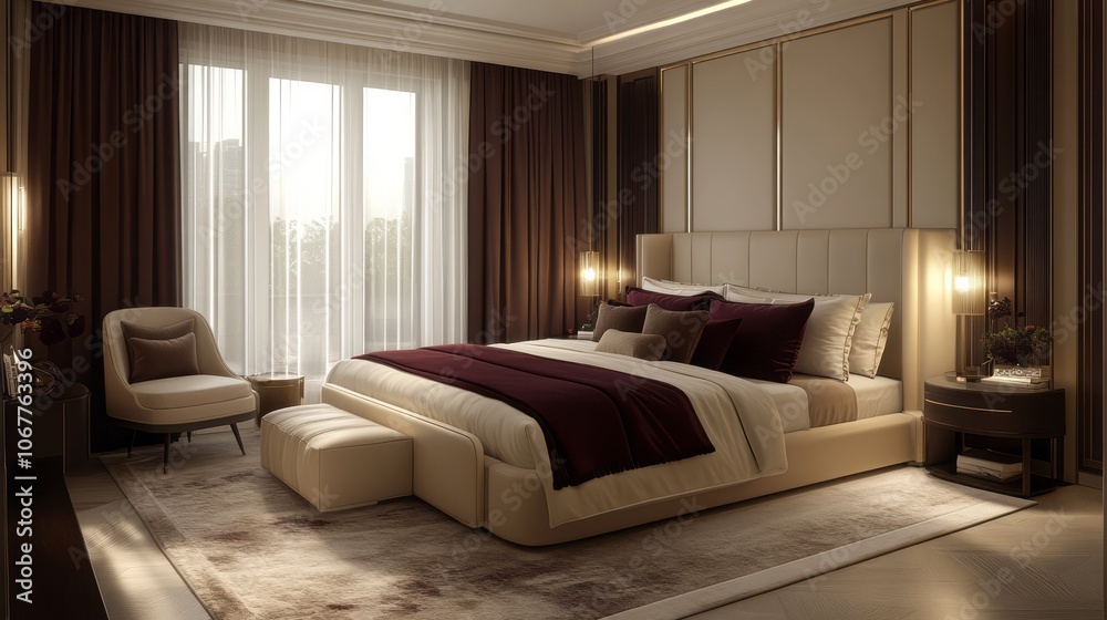 Fototapeta premium Luxurious Modern Bedroom Interior with a King-Size Bed and Brown Accents