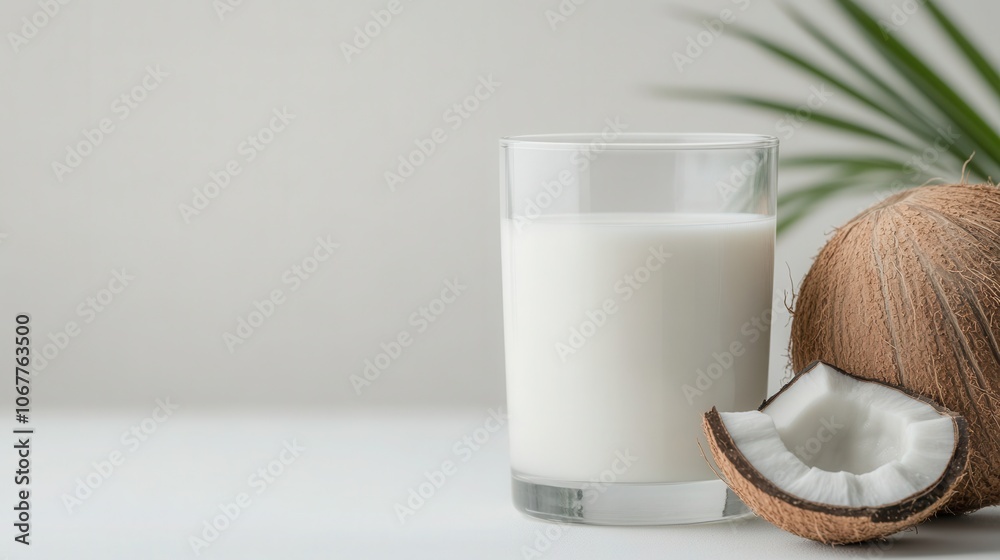 A refreshing glass of milk beside a fresh coconut on a bright white background, showcasing nature\'s flavors in a clean setting A refreshing glass of milk beside a fresh coconut on a bright white background, showcasing nature\'s flavors in a clean setting